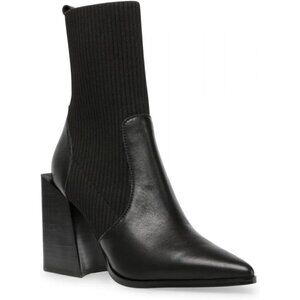 ✨Lvemas Ankle Boot Women Black Faux Leather Suede Chunky Toe Stacked Heel Shoes